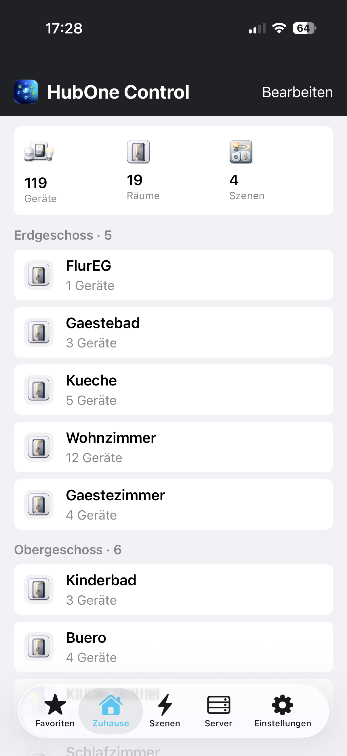 HubOne Control Startseite mit Räume-Übersicht