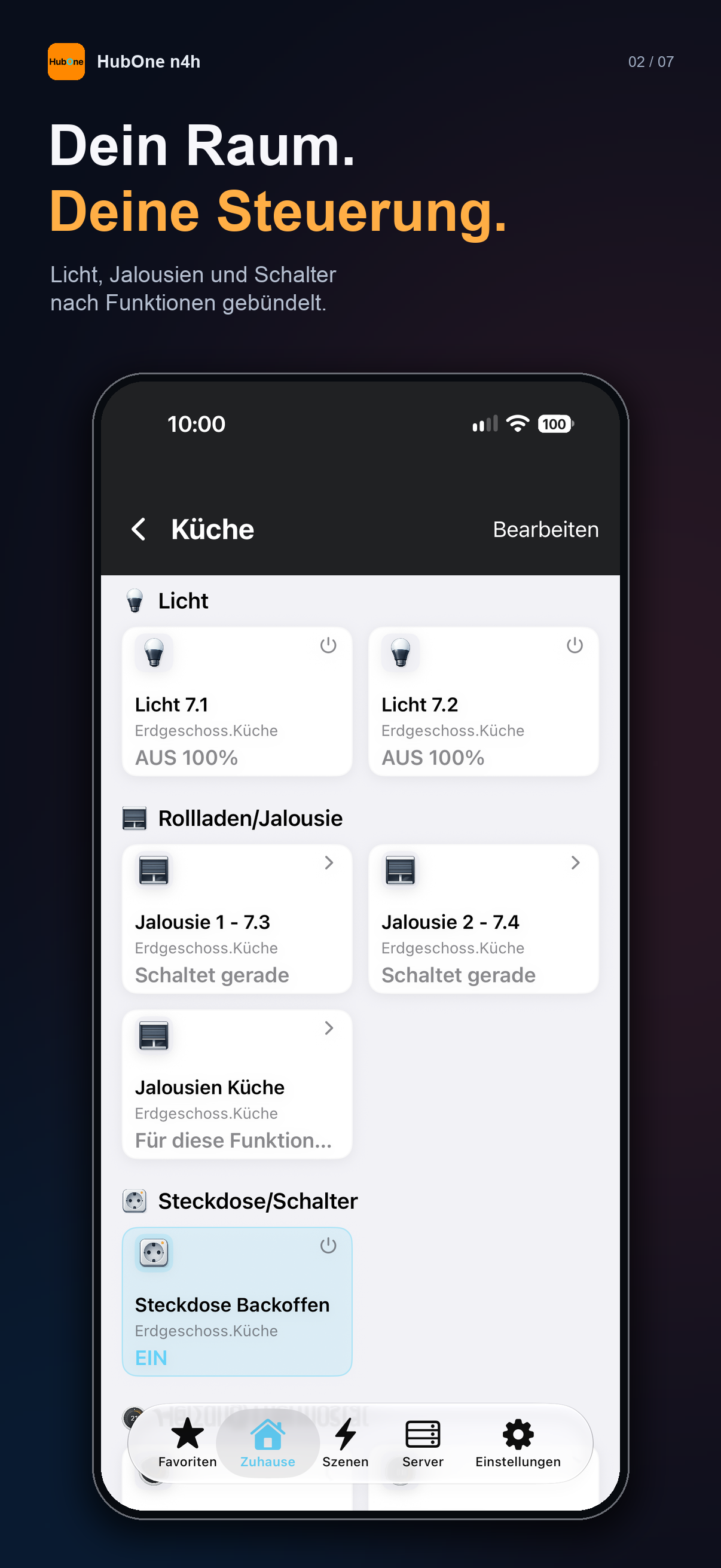 Raumansicht Küche mit Licht, Jalousien und Steckdosen in HubOne n4h