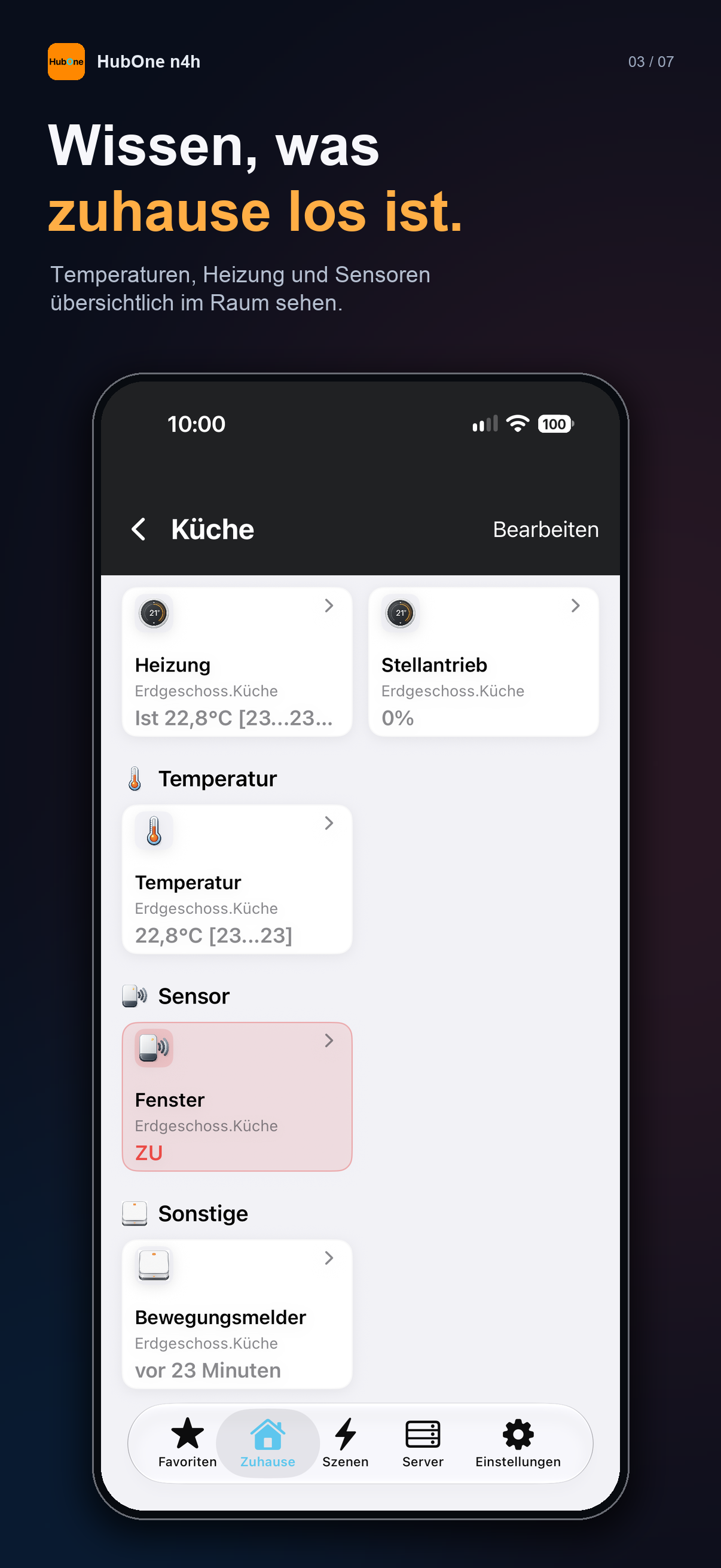 Küche mit Heizung, Temperatur, Fensterkontakt und Bewegungsmelder