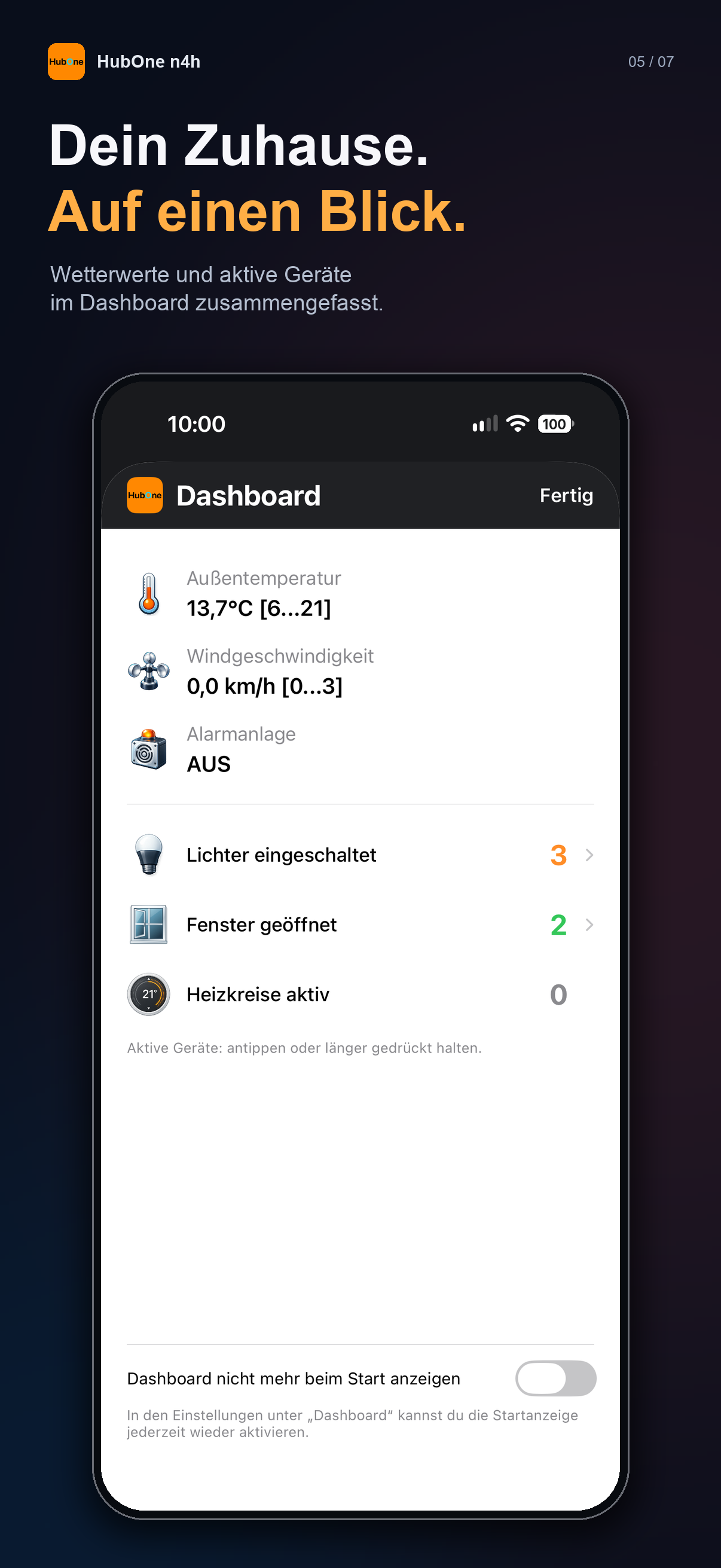 Dashboard mit Außentemperatur, Wind, Alarmstatus und aktiven Geräten