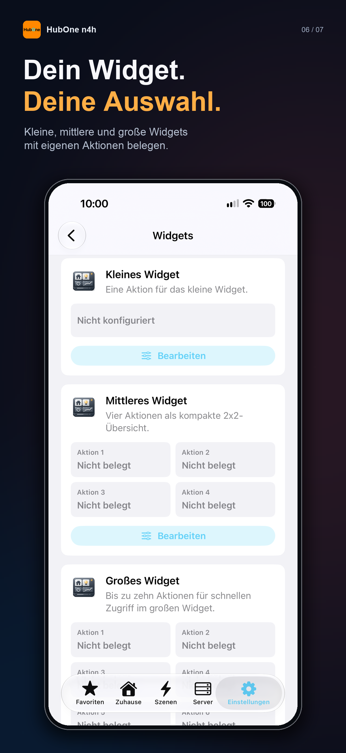 Widget-Einstellungen mit kleinen, mittleren und großen Widgets und frei belegbaren Aktionen