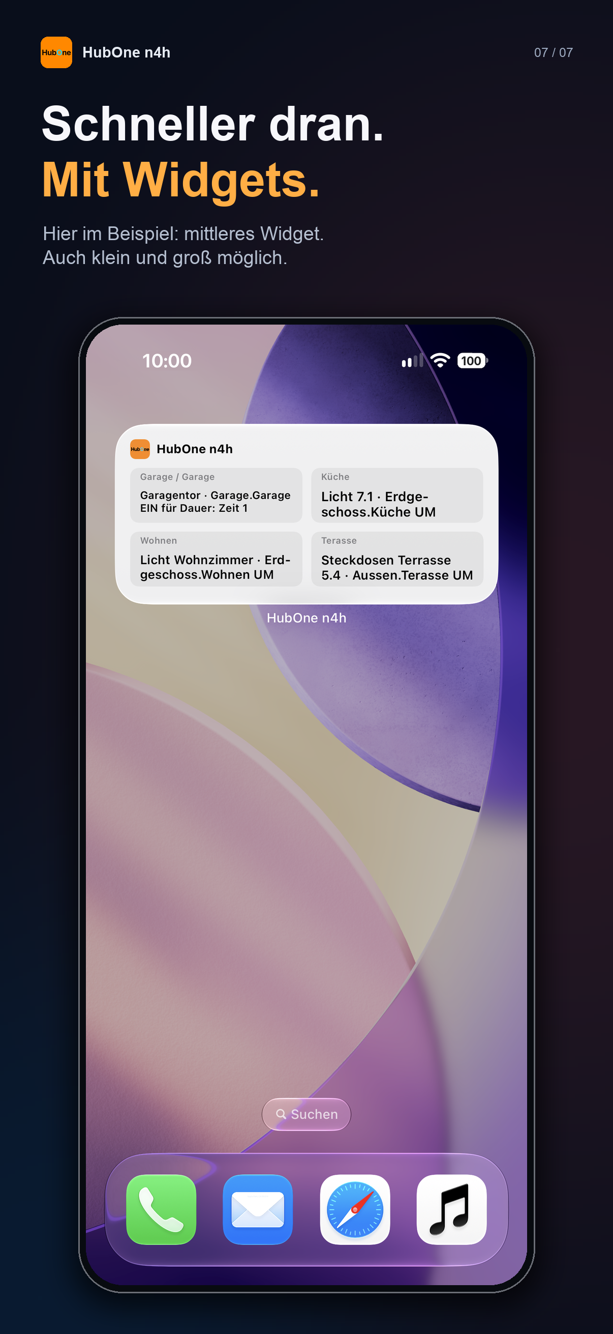 HubOne n4h Widget mit vier Aktionen auf dem iPhone-Home-Bildschirm