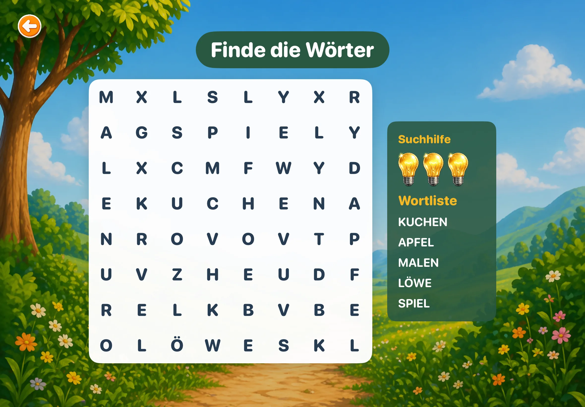 Wörtersuche mit Buchstabenfeld, Wortliste und drei Suchhilfen