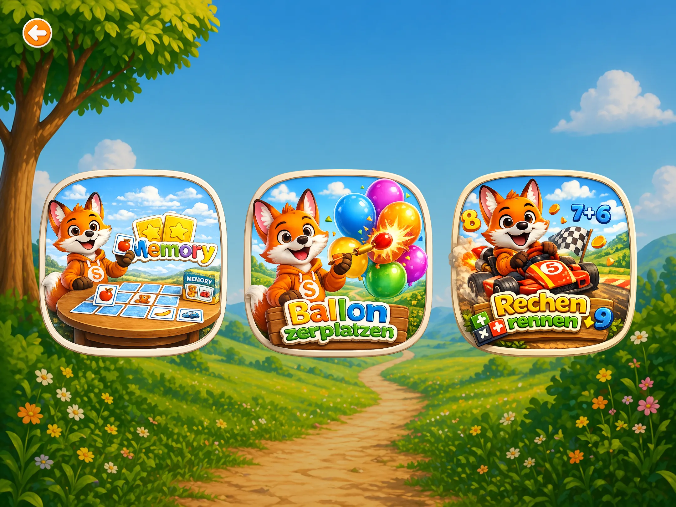 Schlaufy Spielewelt mit Memory, Ballon zerplatzen und Rechenrennen