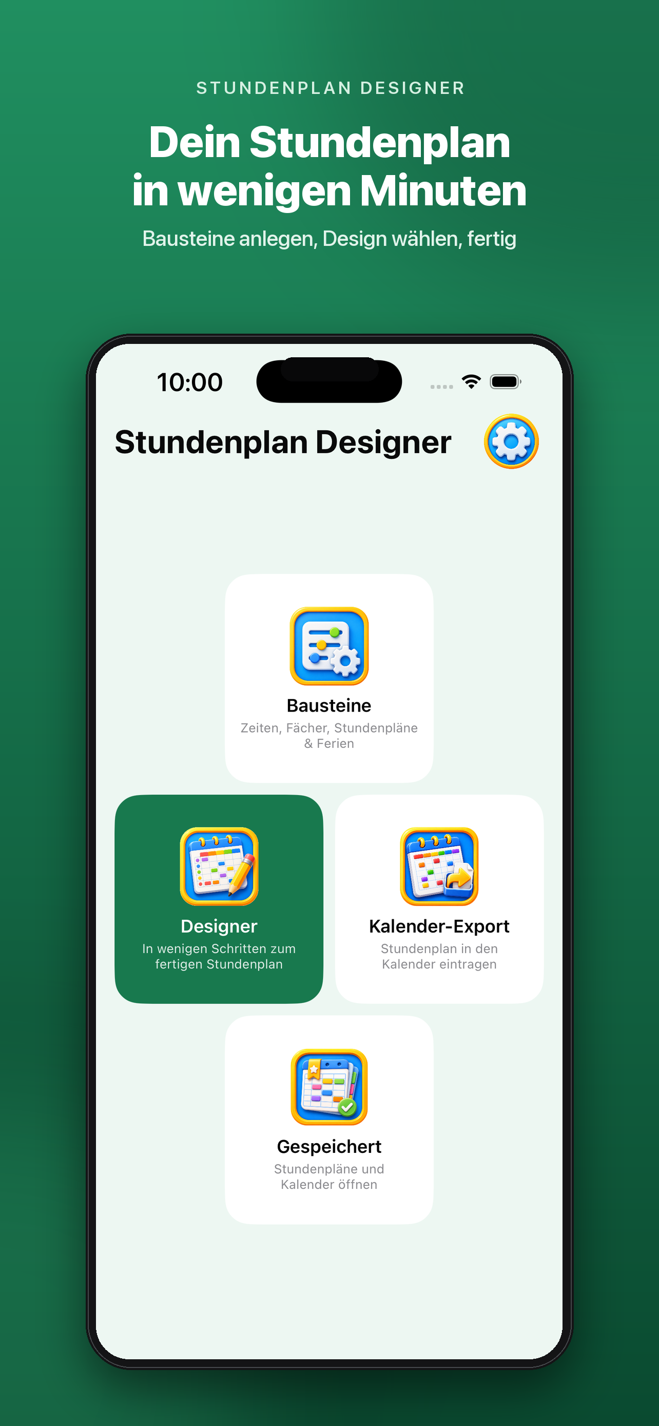 Startbildschirm des Stundenplan Designers mit Bausteinen, Designer und Kalender-Export