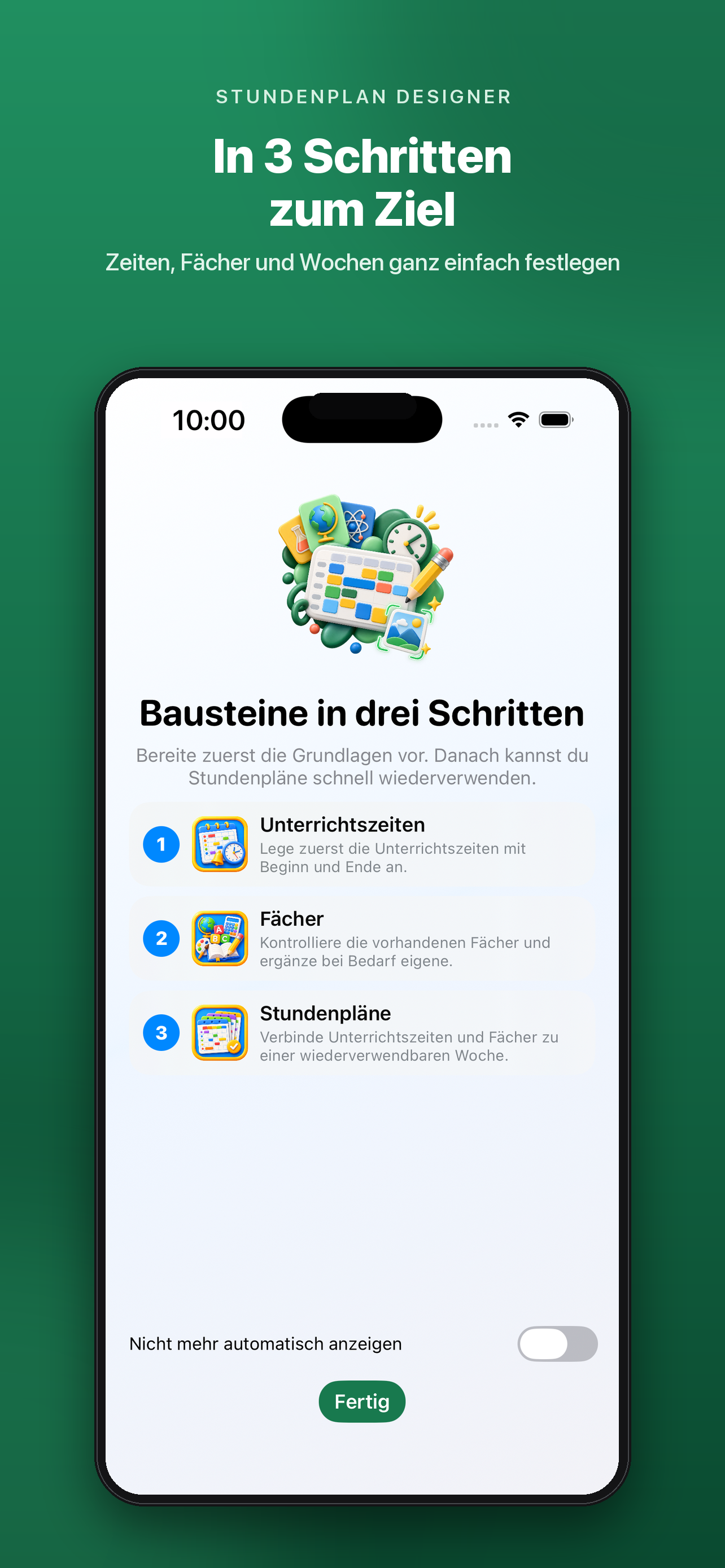 Drei Schritte zum Stundenplan mit Unterrichtszeiten, Fächern und Stundenplänen