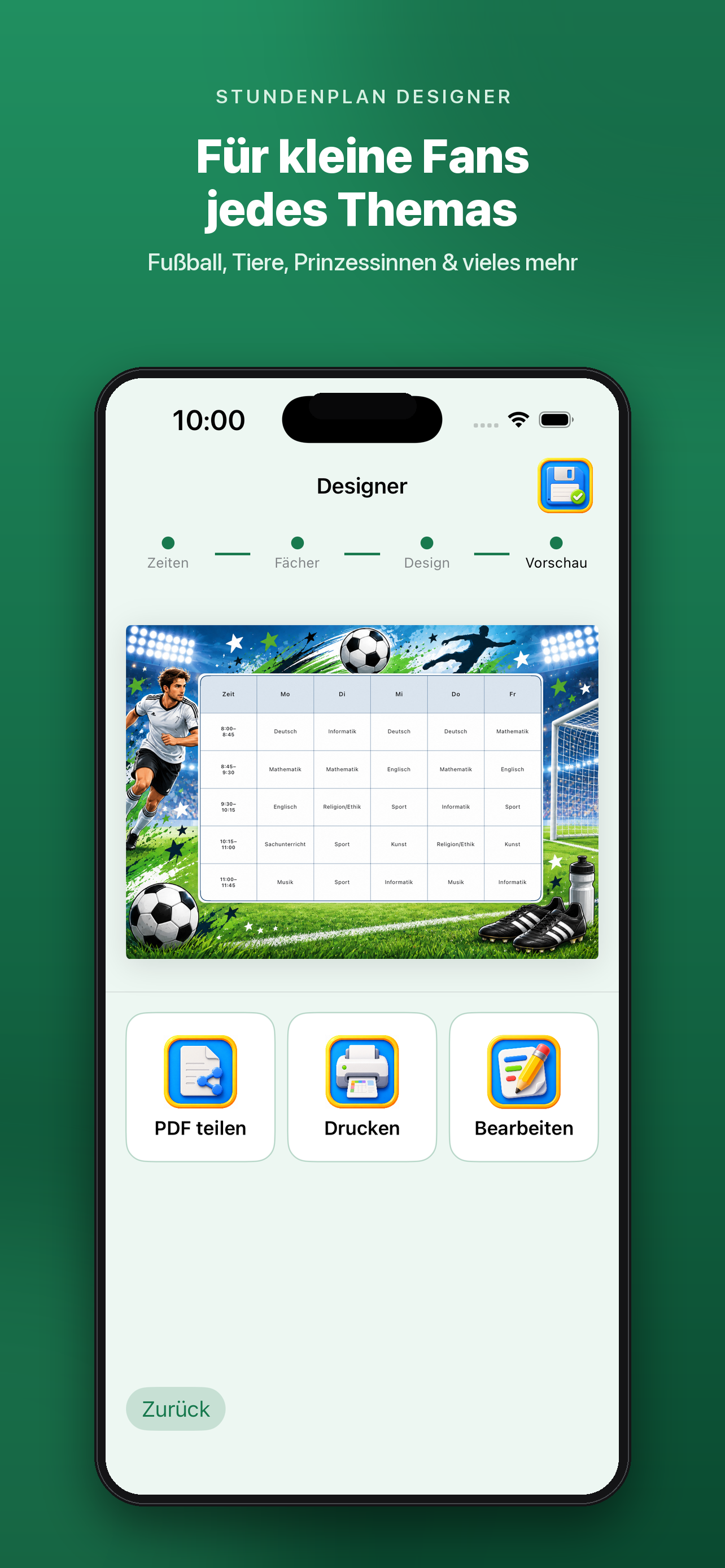 Fertiger Stundenplan im Fußball-Design